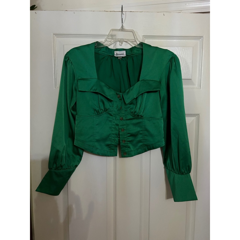 Corset Green Satin Style &merci Long Sleeve Crop Top Button Front Emerald Small
